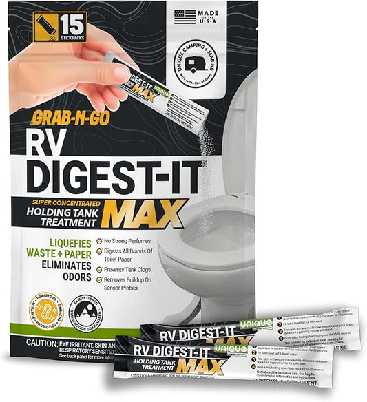 Unique RV Digest-It Max RV Toilet Treatment Stick Packs, 15 Count, No-Mess, Pre-measured, Grab-N-Go Black Holding Tank Treatment, Liquifies Waste and Paper, Odor Eliminator