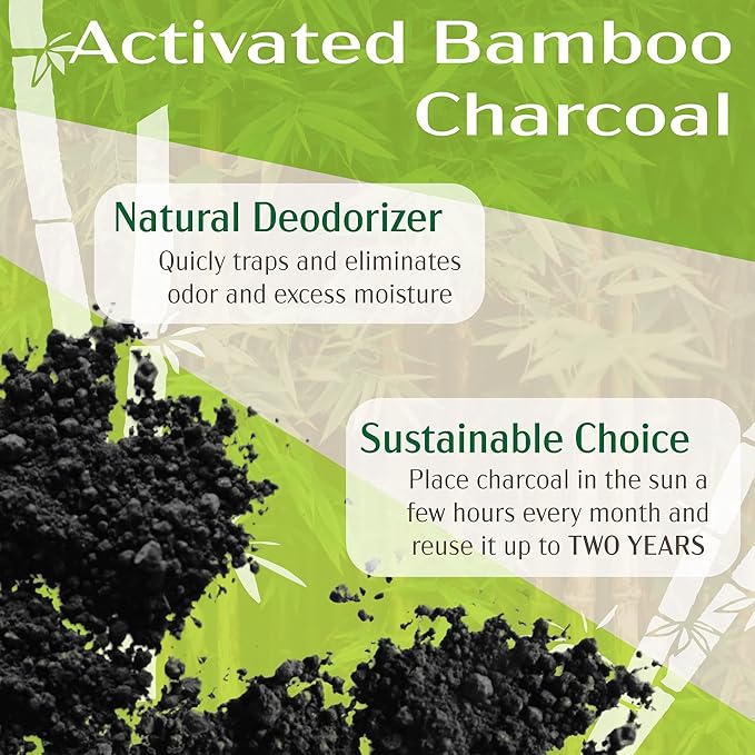 BambooMN Granulated Bamboo Charcoal Odor Absorber Bag in Decorative 6.25" x 4.75" x 3" Brown Box, 2 Pieces