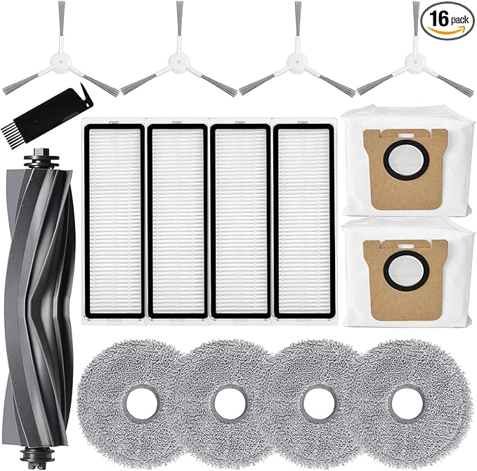 Replacement Parts Compatible for Dreame L10s Ultra / L10 Ultra Robot Vacuum Accessories, 1 Main Rubber Brush, 4 Microfiber Mop Pads, 4 Washable Filters, 2 Dust Bags, 4 Side Brushes, 1 Cleaning Brush