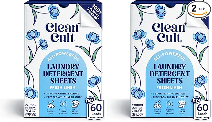 Cleancult Laundry Detergent Sheets - Resealable Box - 3 Stain Fighting Enzymes - Fresh Linen - 60 Loads - Free of Harsh Chemicals - No Mess - No Plastic Waste (Pack of 2)
