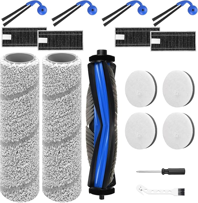 17 Pcs X11 OmniCyclone Replacement Accessories kit for Ecovacs Deebot X11 OmniCyclone, 1 Main Brush 2 Roller Mop 4 Sponge Filter 4 Side Brush 4 HEPA Filter 1 Screwdrivers 1 Clean Brush