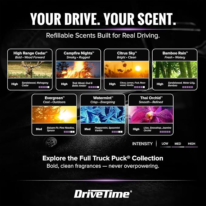 Drive Time Truck Puck Thai Orchid Fragrancee Car Air Freshener – Long-Lasting Car Deodorizer, Refillable Vent & Visor Clip Auto Air Freshener for Car, Truck & SUV, Premium Fragrance, Pack of 3