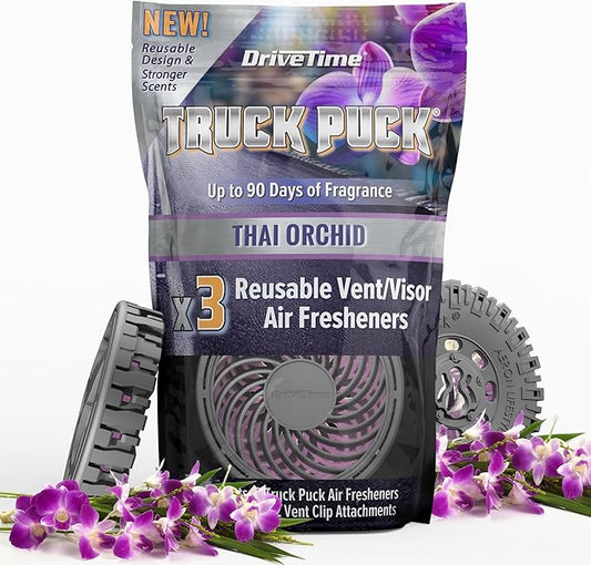 Drive Time Truck Puck Thai Orchid Fragrancee Car Air Freshener – Long-Lasting Car Deodorizer, Refillable Vent & Visor Clip Auto Air Freshener for Car, Truck & SUV, Premium Fragrance, Pack of 3