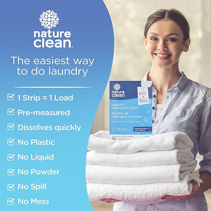 Nature Clean Non-Toxic Laundry Detergent Sheets Unscented 32 counts. Natural Fragrance Free Travel Laundry Detergent Strips & Soap Sheets Scent free for Sensitive skin & Hypoallergenic