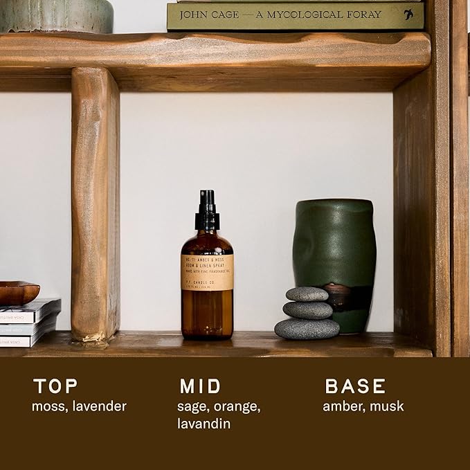 P.F. Candle Co. Amber & Moss Scented Room & Linen Spray (7.75 fl oz) Amber Glass Bottle, Fine Fragrance Oil, Quick Fabric and Air Refresher, Made In The U.S.A.