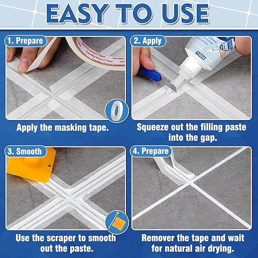 Tile Grout Repair Kit, 2 Pack Fast Drying Grout Filler for Bathroom, Kitchen, Shower, Versatile Triple Use with Grout Sealer, Replace Grout Pen for Restore and Renew Tile Joints Line(White)