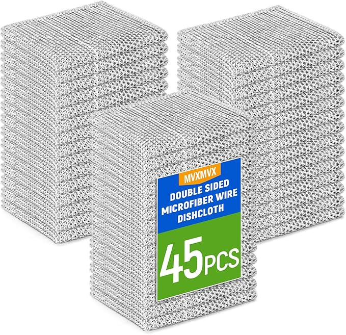 3 Layers Wire Dishwashing Rag 45PCS- Non Scratch Wire Dishcloth Home Essentials-Reusable Steel Wool Scrubber Washcloths,Dish Towels for Kitchen and Dishcloths Set for Pans Sinks & Cookware