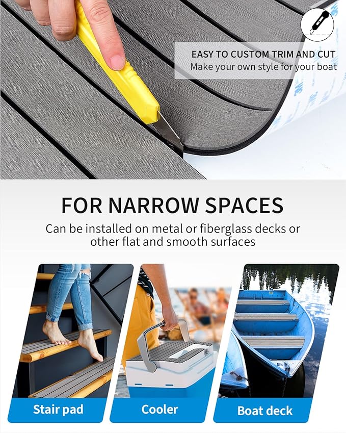 OCEANBROAD EVA Foam Boat Flooring with 3M Adhesive Backing Marine Self-Adhesive Decking 96''x45.6''/36''/28.8''/16.8'', 48''x16.8'' Faux Teak Sheet for Jon Boats Swim Platform Helm Pad RV Floor