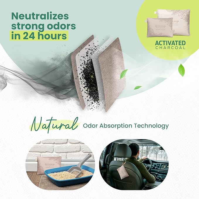 Roonin Bamboo Charcoal Bags Odor Absorber (4-Pack), Natural Air Purifier & Pet Safe Deodorizer for Home, Car and Closet - Odor Remover for Strong Smells