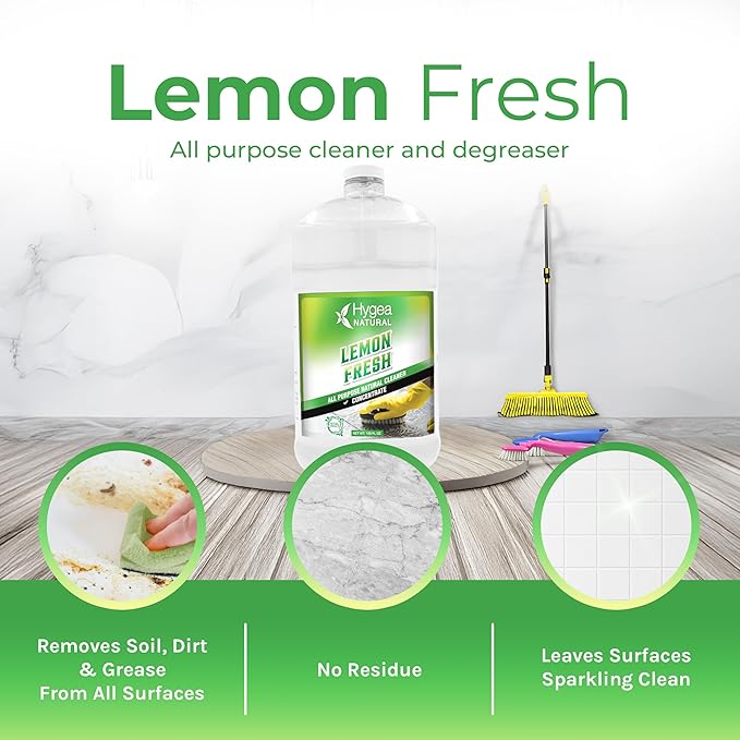 Hygea Natural Lemon Fresh Concentrated All Purpose Cleaner - Non Toxic - Removes Soil, Dirt & Grease - Wet Gloss Finish - Biodegradable, pH-Neutral & Ammonia Free (128oz Concentrated Gallon)