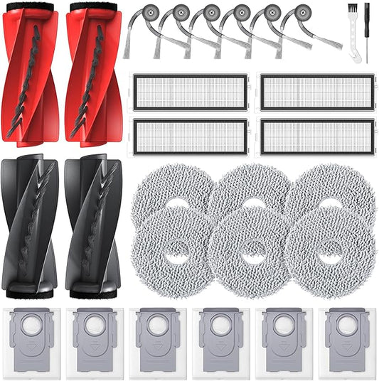 Qrevo S5V Replacement Parts for Roborock Qrevo S5V / Curv/Edge/Edge S5A / Curv S5X, Accessories include 2*Set Main Brush, 6*Mop Pads, 6*Vacuum Bags, 4*Hepa Filters, 6*Side Brush, 2*Cleaning Tool