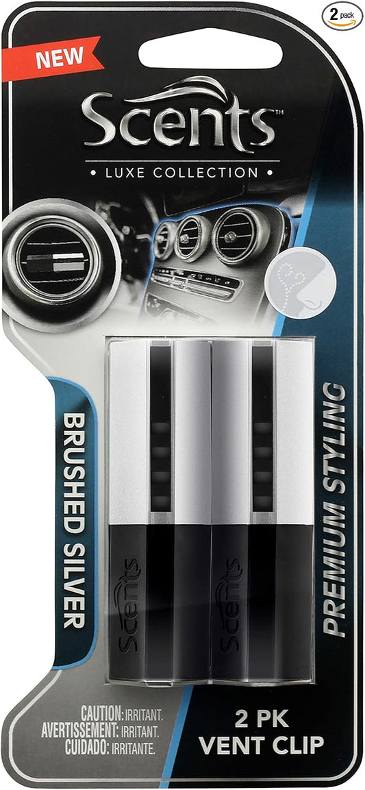 Scents Car Air Freshener Vent Clips, Luxe Collection, Natural Earthy Fragrance for Men and Women, Decorative Design with Horizontal or Vertical Mounting, Brushed Silver (2)