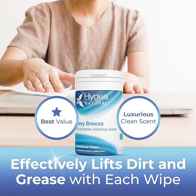 Hygea Natural EasyBreeze All Purpose Cleaning Wipes - Biodegradable Bamboo Wipes for Multi-surface Cleaning - Environmentally Friendly Formula - Luxurious Clean Scented (4 Packs of 50 Wipes Each)