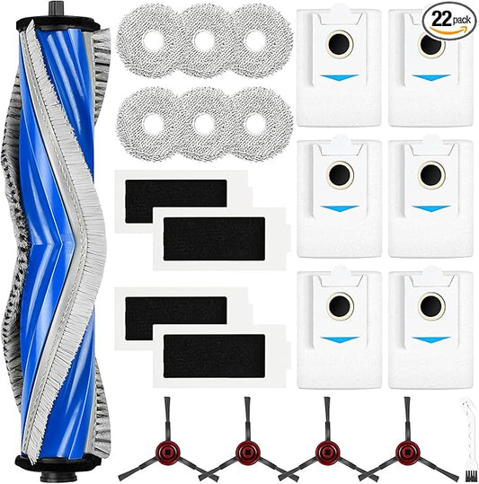 22 Pcs Accesories Kit for ECOVACS DEEBOT T30S / T30S PRO / T30S AI / T30S AI CARE Vacuum, Replacement Parts Include 1Rubber Brush, 4 Filters, 6 Pads, 6 T30S Dust Bag, 4 Side Brush and 1 Cleaning Tool