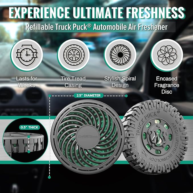 Drive Time Truck Puck Evergreen Fragrance Car Air Freshener – Long-Lasting Car Deodorizer, Refillable Vent & Visor Clip Auto Air Freshener for Car, Truck & SUV, Premium Fragrance, Pack of 3