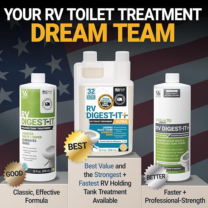 Unique RV Digest-It+, 16 Extra-Strength RV Toilet Treatments - Liquifies Waste and Toilet Paper - Odor Eliminator (32 oz)