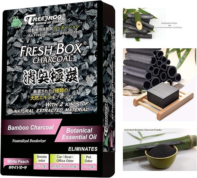 Tree Frog Xtreme Fresh Box Charcoal White Peach Scent 4-Pack Car Air Freshener, Deodorizer and Neutralizer air, Plus Smelling Great, Black Bamboo Charcoal, 200g.