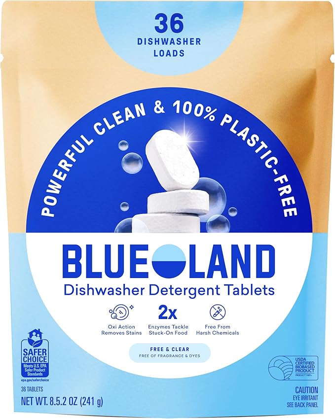 BLUELAND 100% Plastic-Free Dishwasher Detergent Tablets, 36 Count, Free & Clear, Eco-Friendly Dishwashing Pods, Natural, USDA Certified biobased