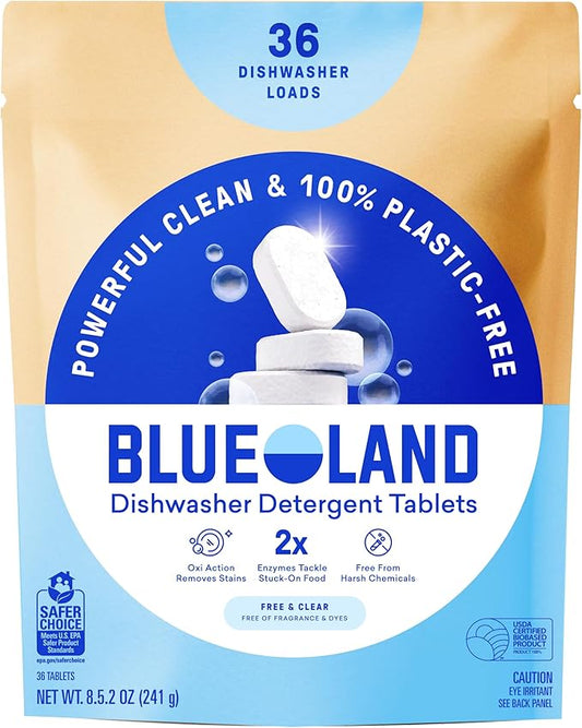 BLUELAND 100% Plastic-Free Dishwasher Detergent Tablets, 36 Count, Free & Clear, Eco-Friendly Dishwashing Pods, Natural, USDA Certified biobased