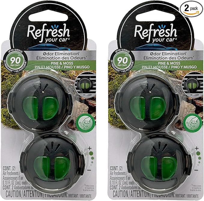 Refresh Car Air Freshener Vent Clip and Mini Car Oil Diffuser, Long-Lasting Odor Eliminator for Up to 90 days, 2 Packs (Pine & Moss)