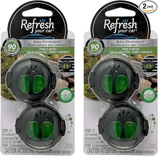 Refresh Car Air Freshener Vent Clip and Mini Car Oil Diffuser, Long-Lasting Odor Eliminator for Up to 90 days, 2 Packs (Pine & Moss)
