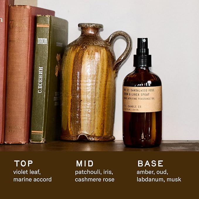 P.F. Candle Co. Sandalwood Rose Scented Room & Linen Spray (7.75 fl oz) Amber Glass Bottle, Fine Fragrance Oil, Quick Fabric and Air Refresher, Made In The U.S.A.