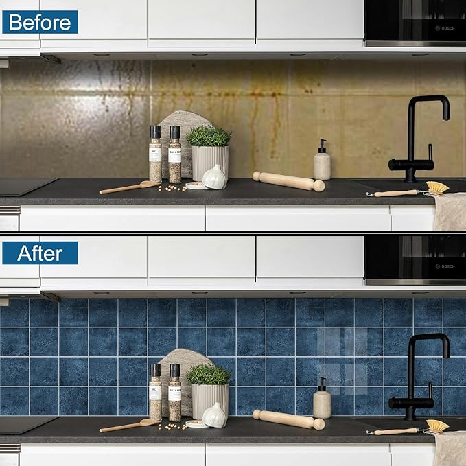 Peel and Stick Tiles for Kitchen Backsplash, New Upgrade Design 9" x9"SPC Square Marble Tiles, Marble Blue Premium Mosaic Tiles,(5-Sheet)
