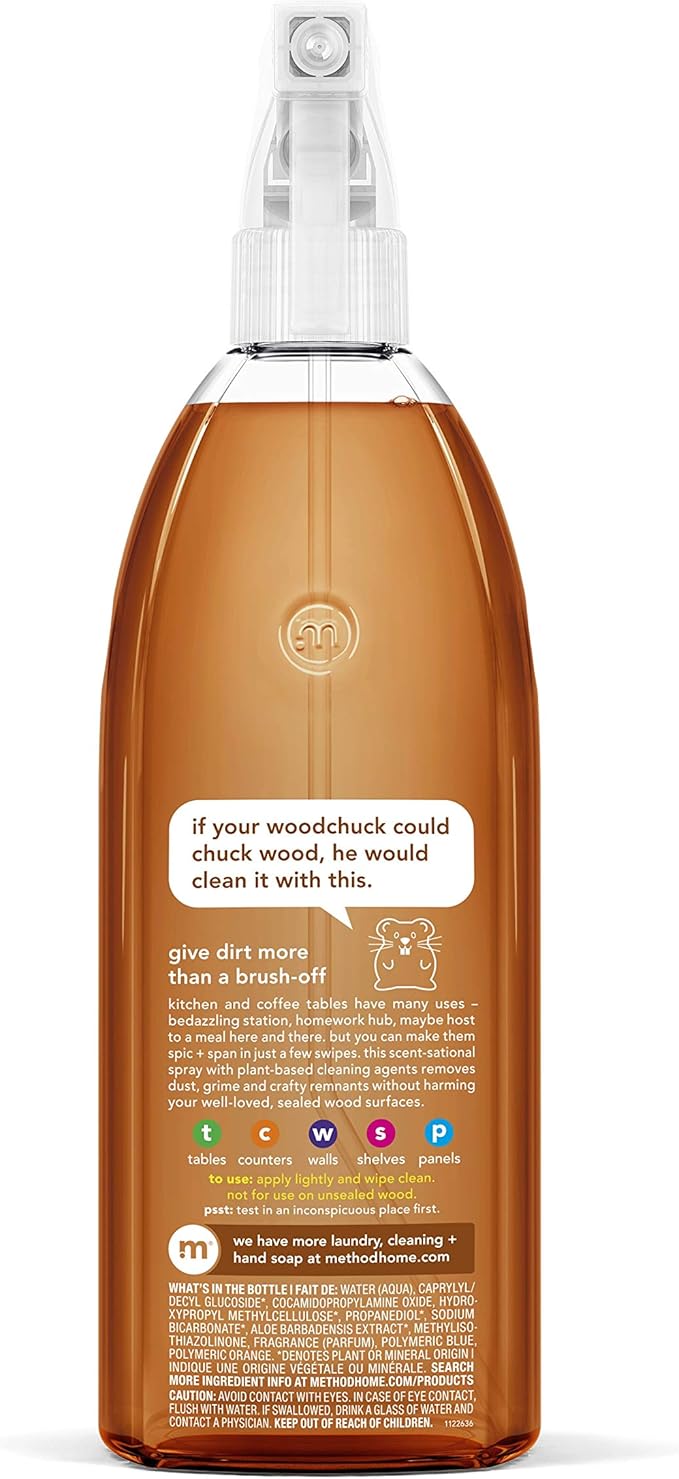 Method Daily Wood Cleaner, Almond, Cleans Shelves, Tables and Other Wooden Surfaces While Removing Dust & Grime, 28 oz Spray Bottles, (Pack of 1)