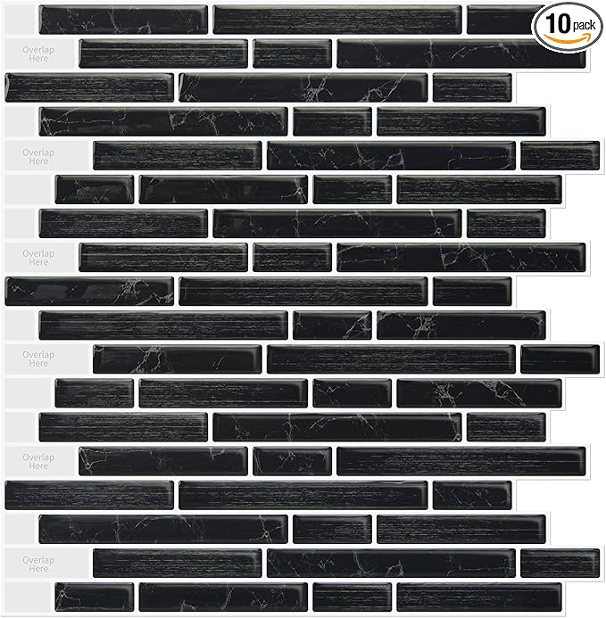 LONGKING 10-Sheet Self-Adhesive Peel and Stick Backsplash for Kitchen, Vinyl Decorative Tiles (Black)