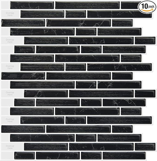 LONGKING 10-Sheet Self-Adhesive Peel and Stick Backsplash for Kitchen, Vinyl Decorative Tiles (Black)