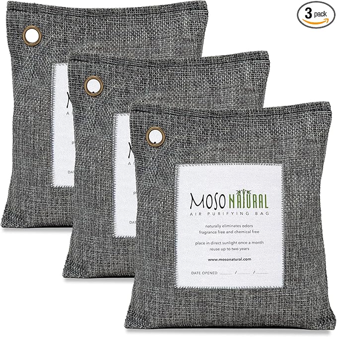 Moso Natural Air Purifying Bag 500g (3 Pack) Premium Bamboo Charcoal Odor Absorber for Home, Bedroom, Kitchen, Basement | Unscented Pet Odor Eliminator | Large Charcoal Deodorizer Bag Covers 250sqft