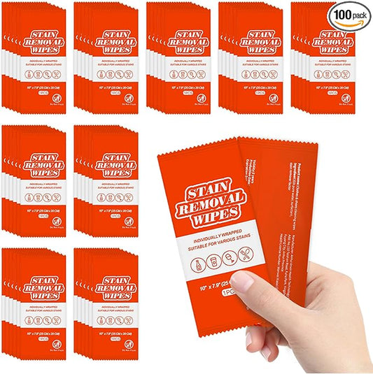 Stain Remover Wet Wipes Bulk, Individual Wrapped Stain Remover for Clothes Portable Travel Messy Eater Stain Removal Wipes Pocket Size for Clothing Fabric, Shoes, Wine, Fast Food (10 x 7.9 inch) (100)