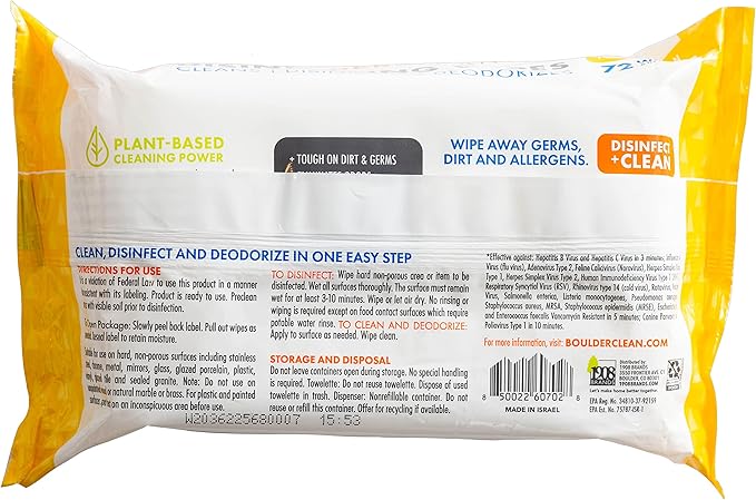 Boulder Clean Disinfecting Wipes, Sugared Lemon Scent, Disinfecting Surface Wipes, Cleans & Deodorizes, No Harsh Chemicals, Moisture-Lock Lid, Biodegradable, 72 Count (Pack of 12)
