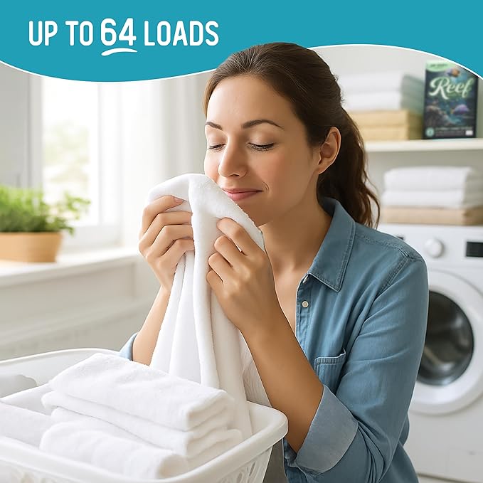 Reef Sheets Laundry Detergent Sheets, 64 loads, Hypoallergenic & Plastic-Free Eco-Friendly Packaging, Gentle on Skin, Tough on Stains, Travel-Friendly, Deep Blue Ocean Scent, 32ct