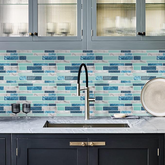 Vamos Tile 10 Sheets Peel and Stick Tile Backsplash, 12"x12" Light Color Stick on Wall Tiles, Self Adhesive Tile Sticker for Kitchen Backsplash and Bathroom(Blue Marble Look)