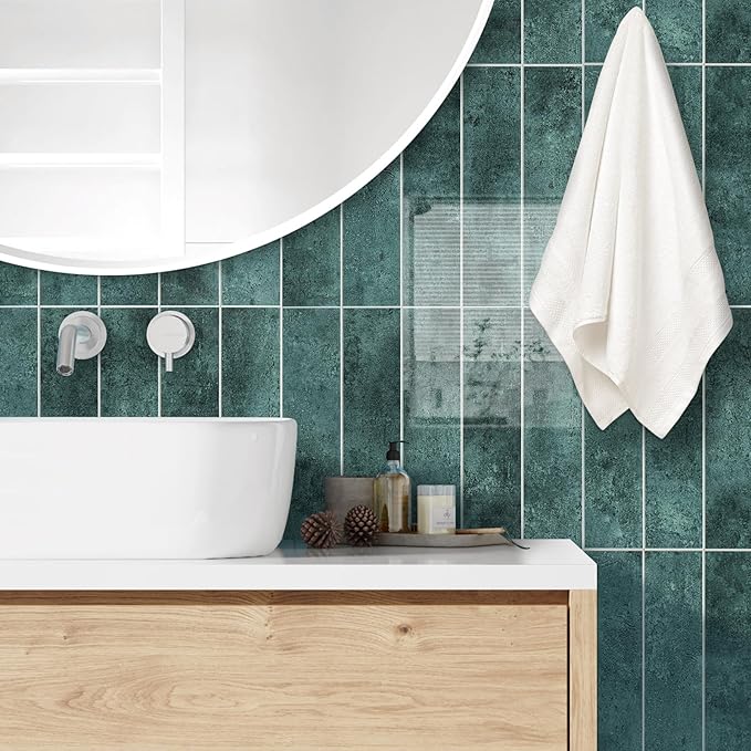 24-Pieces Peel and Stick Tiles for Kitchen Backsplash, New Upgrade Design 12" x 3"SPC Subway Backsplash Tiles, Marble Green Premium Finger Tiles（Green）.