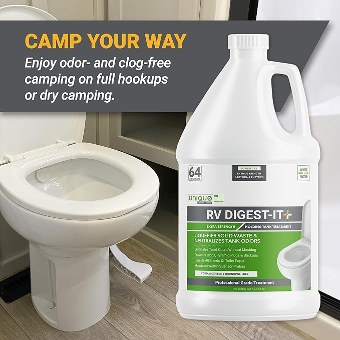 Unique RV Digest-It+, Extra-Strength RV Toilet Treatment - Liquifies Waste and Toilet Paper - Odor Eliminator (128 oz)