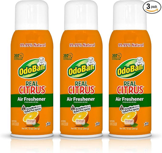 OdoBan Aroma Eliminator, 360-Degree Continuous Spray Natural Oil Real Citrus Air Freshener, Toilet Spray, 3-Pack, 10 Ounces Each, Orange Scent