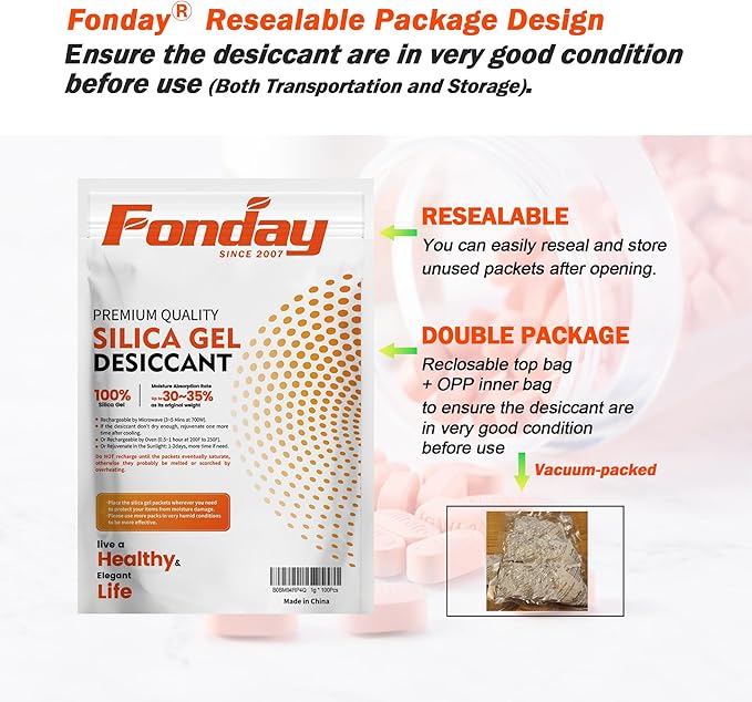 16Packs x 100Gram Fonday Rechargeable Silica Gel Desiccant Packets Fast Reactivate Desiccant Bags Moisture Indicating Orange to Green for Food Storage, Electronics, 3D Filament & Safes