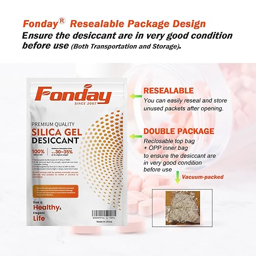 50g x 10 packs Fonday Rechargeable Silica Gel Desiccant Packets Fast Reactivate Desiccant Bags Moisture Indicating Orange to Green