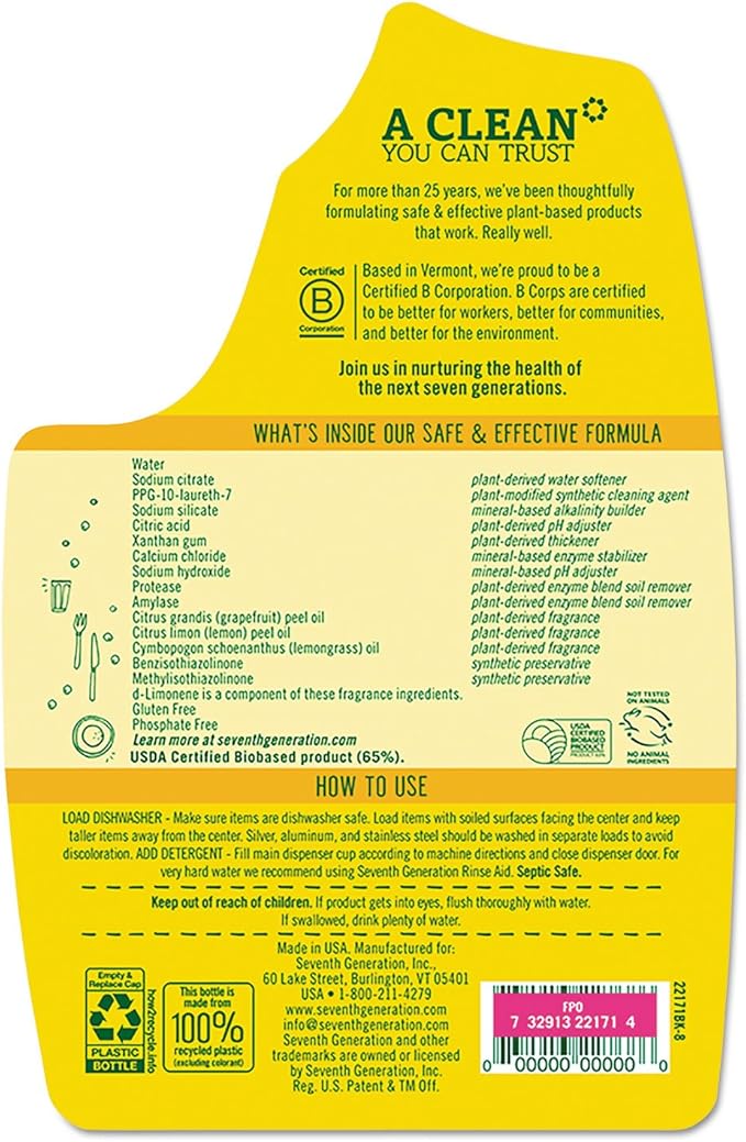 Seventh Generation Natural Automatic Dishwasher Gel, Lemon, 42 Oz Bottle