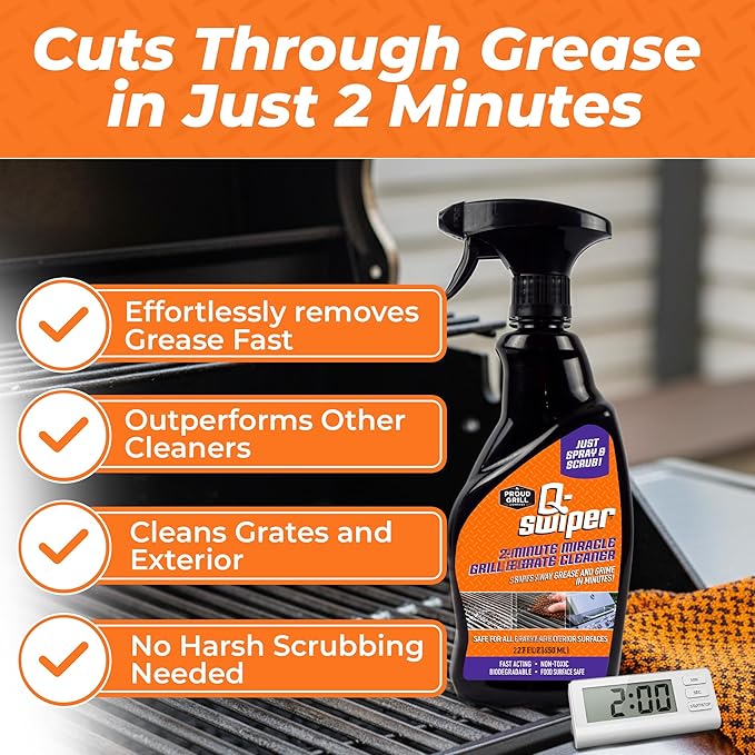 Proud Grill Company Q-Swiper 2-Minute Miracle Grill & Grate Cleaner with Scrub Clean Cloth - Degreaser Spray for BBQ, Oven, Stove, Kitchen Tops & Surfaces, Grate & Grease Remover, Smoker Cleaning Kit