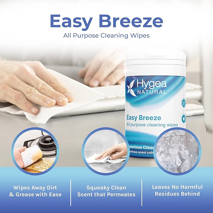 Hygea Natural EasyBreeze All Purpose Cleaning Wipes - Biodegradable Bamboo Wipes for Multi-surface Cleaning - Environmentally Friendly Formula - Luxurious Clean Scented (4 Packs of 50 Wipes Each)