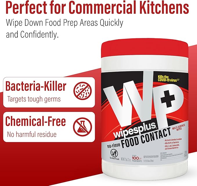 WIPESPLUS No-Rinse Food Contact Wipes Canister Multi-Surface Wipes, Unscented for Home and Business, 1200 Count, (12 Packs of 100)