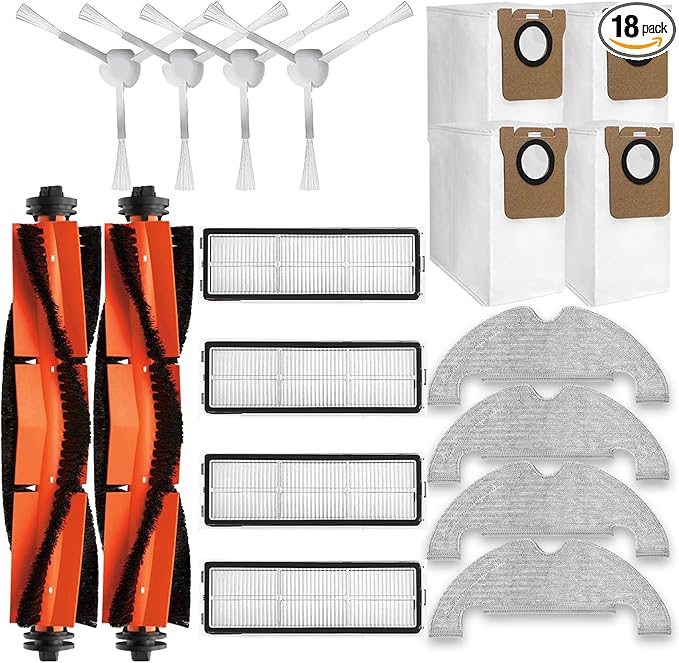 18-Piece D10 Plus Accessories Kit Compatible with DreameBot D10 Plus (RLS3D) / Dreame D10 Plus Robot Vacuum Replacement Parts, 2 Main Brushes, 4 Side Brushes, 4 HEPA Filters, 4 Mop Pads, 4 Dust Bags