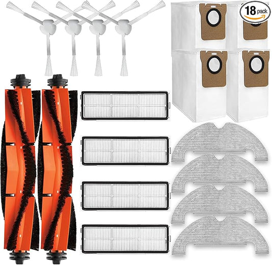 18-Piece D10 Plus Accessories Kit Compatible with DreameBot D10 Plus (RLS3D) / Dreame D10 Plus Robot Vacuum Replacement Parts, 2 Main Brushes, 4 Side Brushes, 4 HEPA Filters, 4 Mop Pads, 4 Dust Bags