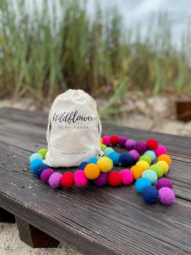 Garland for Wildflower by Hu Hands Rainbow Party - 100% Handmade Wool Felt Pom Poms - (50) Pure New Zealand Wool Felt Balls - DIY Pompoms - 0.8-1.0" Size - Drawstring Muslin Bag