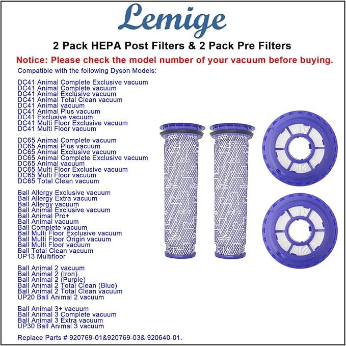 Lemige 2 Pack Post Filters & 2 Pack Pre Filters Replacement for Dyson DC41 DC65 DC66 UP13 UP20 UP30 Animal, Multi Floor and Ball Vacuum Ball Animal 2 Ball Animal 3, Compare to Part 920769-01&920640-01