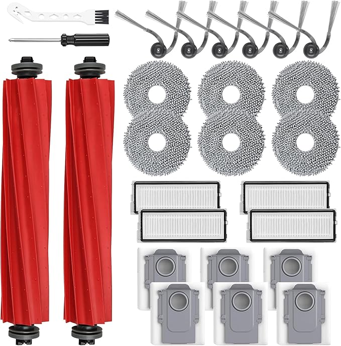 26 Pack Replacement Accessories for Roborock QV 35A/QV 35S Robot Vacuum Cleaner, 2 Mainbrush 6 Side Brush 4 HEPA Filter 6 Mop Pads 6 Dust Bags 1 Cleaning Brush 1 Screwdriver