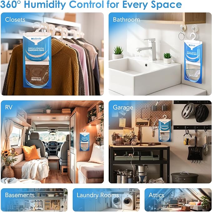 Moisture Absorbers 20 Pack Fragrance Free, Hanging Closet Dehumidifier Bags, Humidity Absorber, Compact Eliminates Odors Humidity Packs for Car, Bathroom, Bedroom, Basement, 9.8OZ